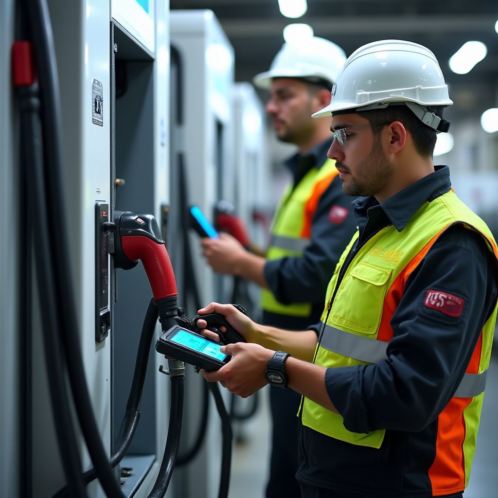 Equipo técnico trabajando en estaciones de carga