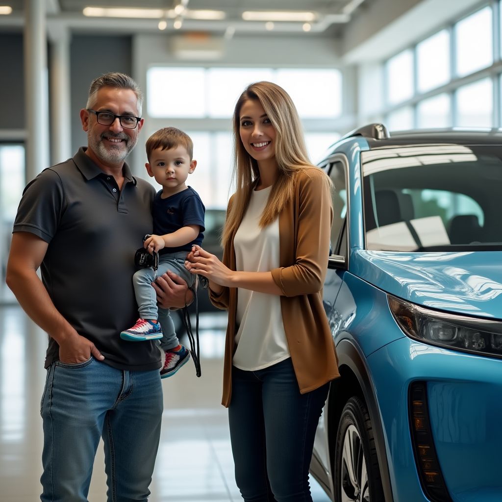 Familia junto a su nuevo vehículo eléctrico